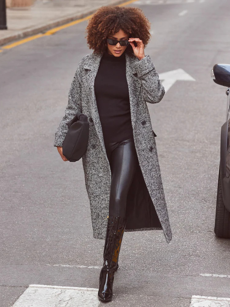 Buy Sosandar Grey Grey & Black Herringbone Wool Mix Longline Coat from Next Australia | Next AU
