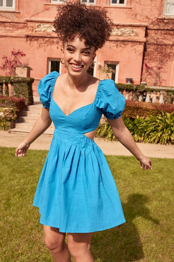 Love the Feeling Blue Puff Sleeve Lace-Up Cutout Mini Dress | Lulus