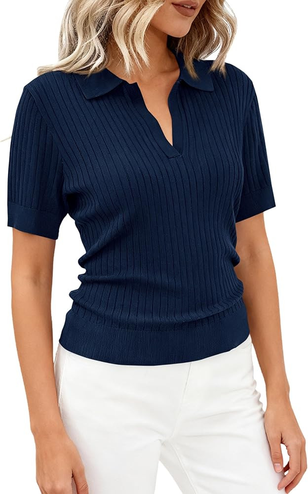 PRETTYGARDEN Women's Short Sleeve Sweater 2026 Spring Polo Shirts Ribbed Knit V Neck Business Cas... | Amazon (US)