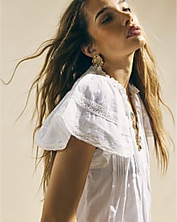 White Cotton Ruffle Short Sleeve Lace Blouse | River Island UK & IE
