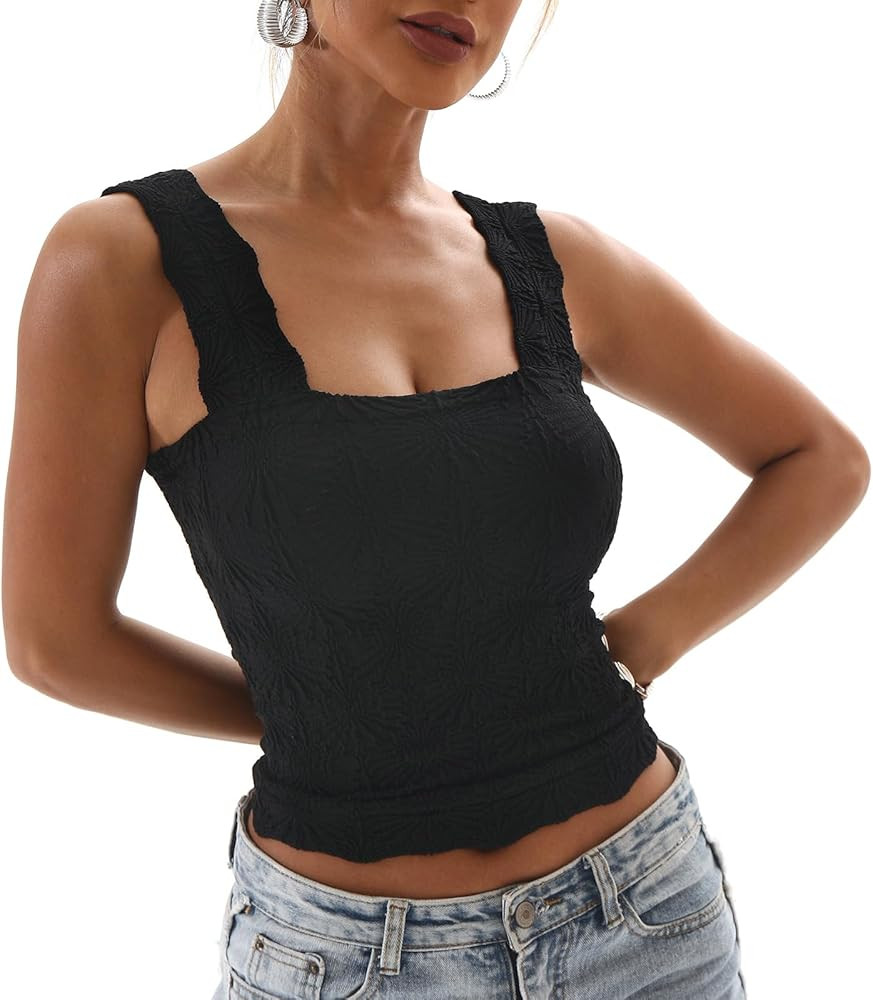 Women's Square Neck Seamless Wide Strap Crop Tank Tops,Slim Fit Flower Lettuce Trim Crop Cami Top... | Amazon (US)