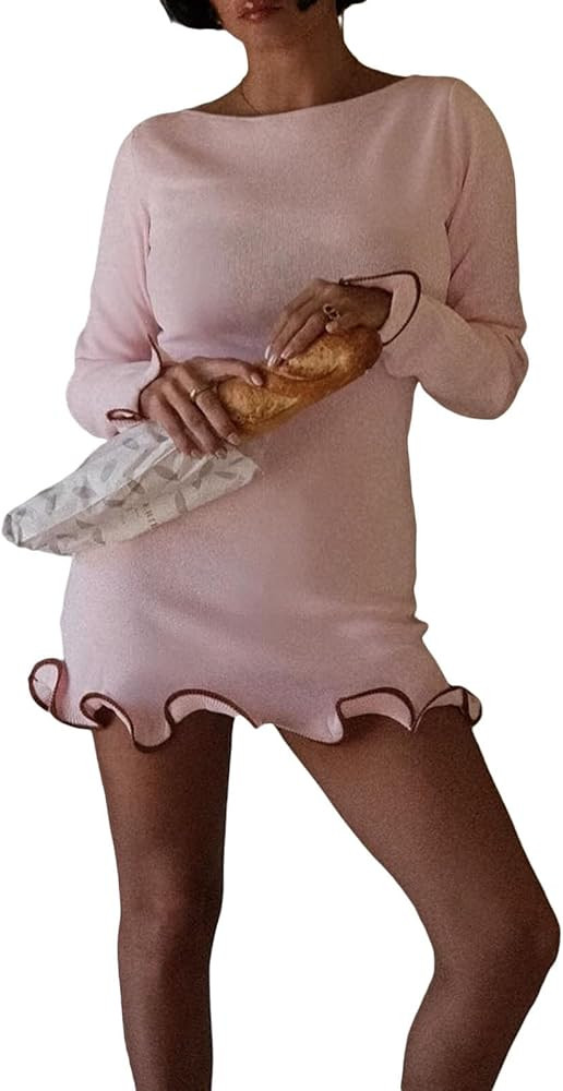 Women's Bodycon Knit Mini Dress Ruffle Hem Crew Neck Long Sleeve Contrast Frill Trim Slim Club Pa... | Amazon (US)