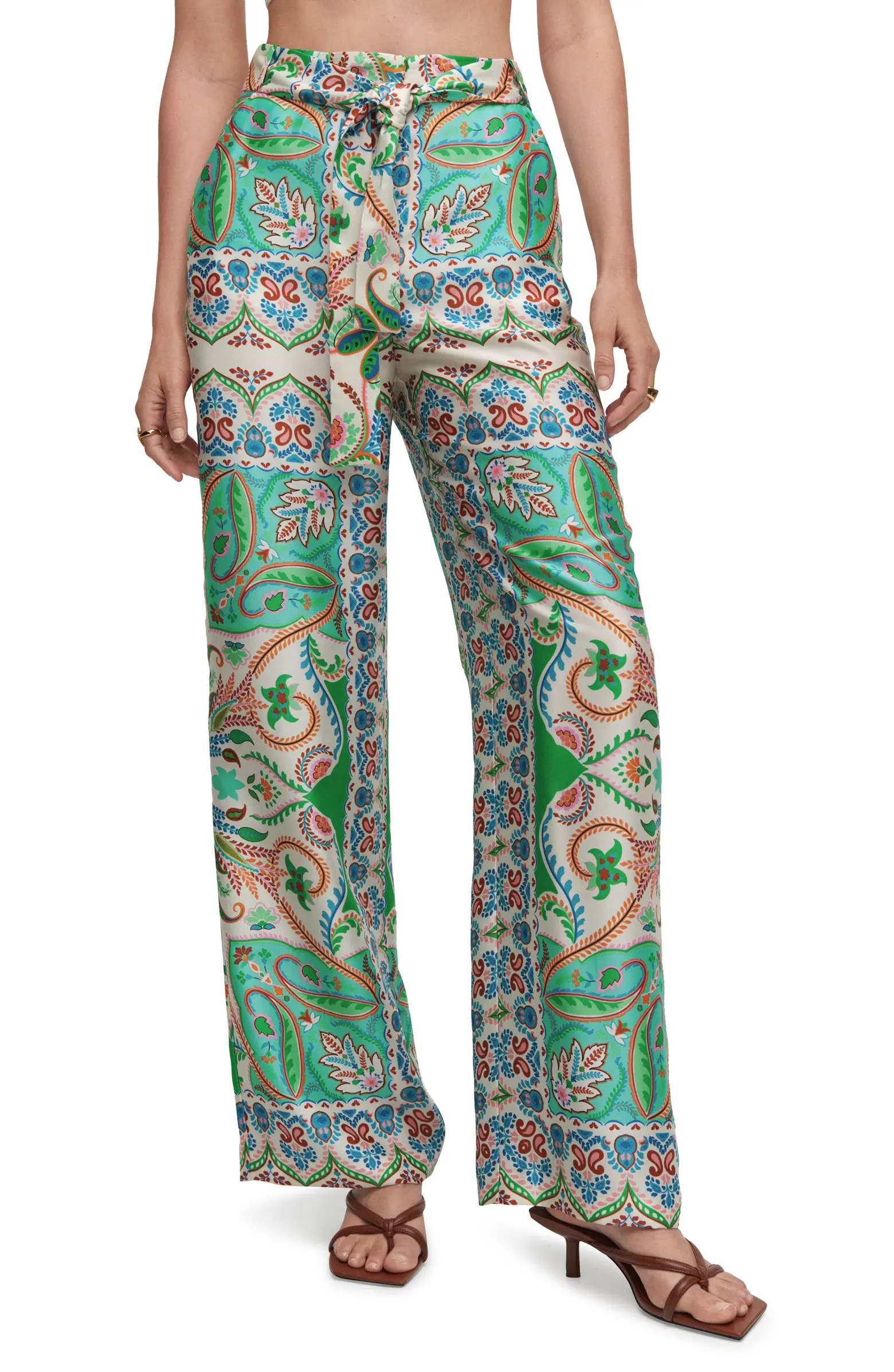 MANGO Paisley Wide Leg Satin Pants | Nordstrom | Nordstrom