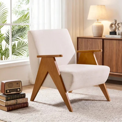 27" W Mid-Century Modern Accent Chair With Sculptural Wood Arms & Legs | Wayfair North America