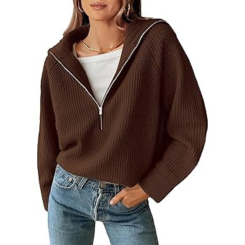 BTFBM Sweaters Quarter Zip Pullover V Neck Collar Ribbed Knit Sweater | Amazon (US)
