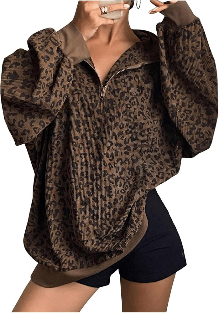 SweatyRocks Women's Leopard Print Oversized Sweatshirt Quarter Zip Collar Long Sleeve Pullover To... | Amazon (US)