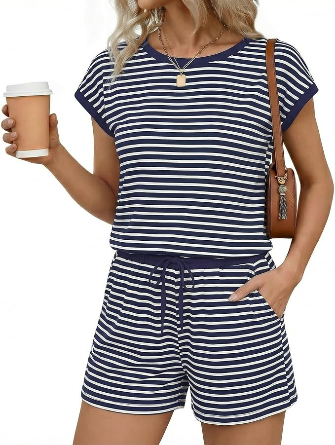 Ekouaer Womens Rompers for Summer Casual One Piece Short Jumpsuit 2026 Striped Cap Sleeve Beach C... | Amazon (US)
