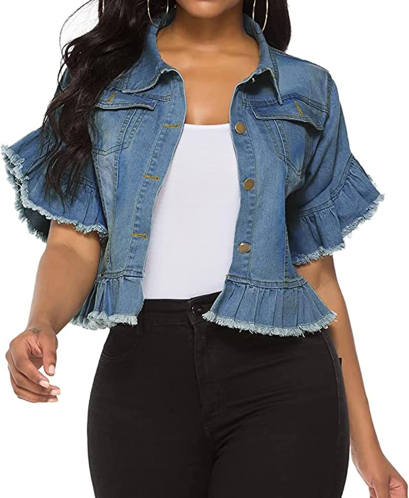 vunahzma Women's Denim Jacket Button Down Distressed Ruffle Sleeve Crop Jean Jackets Coat | Amazon (US)
