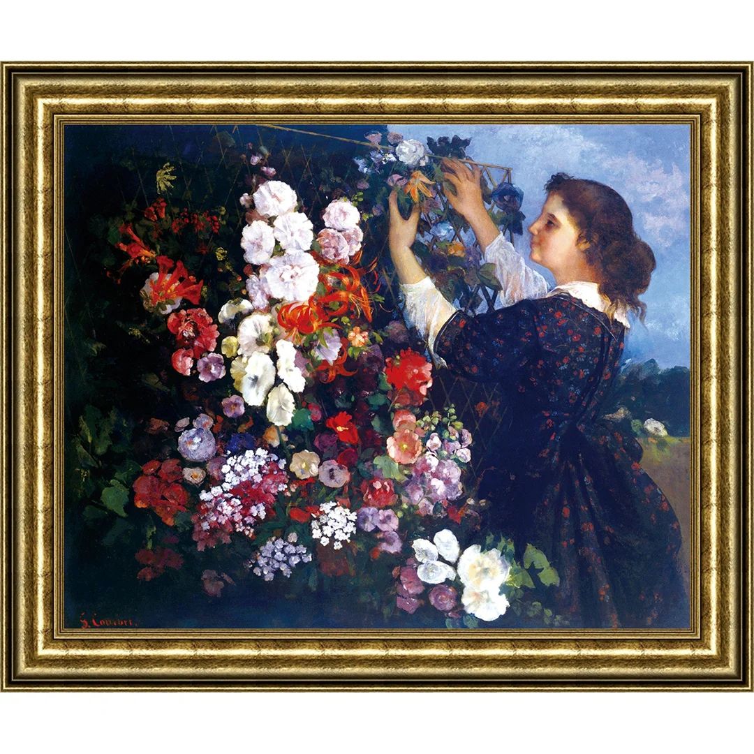 Girl Picking Flowers by Gustave Courbe Giclee Print Oil Painting Gold Frame Size 34" x 28 | Bed Bath & Beyond