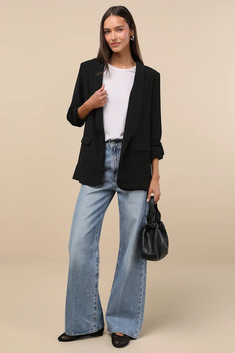 Superior Aesthetic Black Three-Quarter Sleeve Ruched Blazer | Lulus