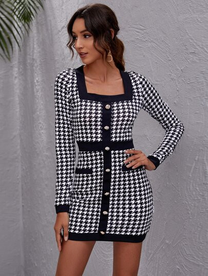 Button Front Houndstooth Bodycon Dress | SHEIN
