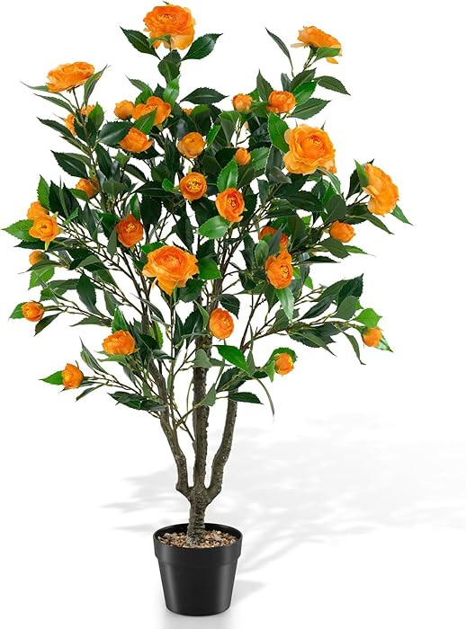 Goplus 40" Artificial Camellia Tree, Flower Plants Fake Tree, Faux Camellia Potted Plant in Cemen... | Amazon (US)