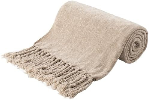 BATTILO HOME Beige Chenille Throw Blanket for Couch, Decorative Fringe Velvety Khaki Tan Throw Bl... | Amazon (US)