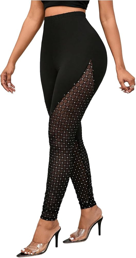 SHENHE Women's Rhinestone Mesh Patchwork Dressy Leggings High Waisted Elegant Skinny Pants | Amazon (US)