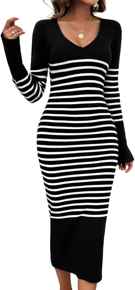 Women's Striped Sweater Dress Long Sleeve V Neck Slim Ribbed Knit Pullover Jumper Party Club Body... | Amazon (US)