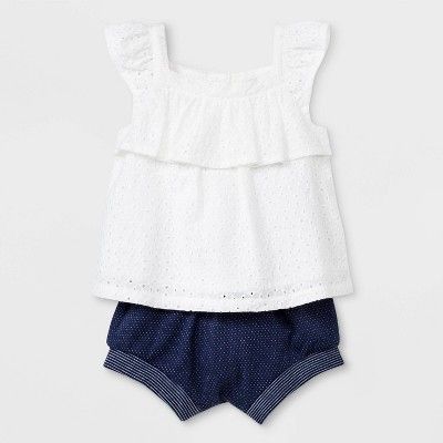 Baby Girls' Eyelet Ruffle Top and Cuff Shorts - Cat & Jack™ White/Navy Blue | Target