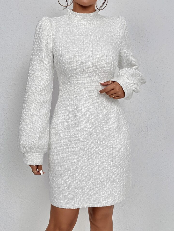 SHEIN Privé Solid Mock Neck Bishop Sleeve Fitted Dress | SHEIN