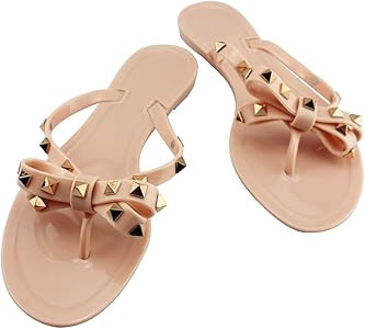 Women's Rivets Bowtie Flip Flops Jelly Thong Sandal Summer Beach Rain Shoes | Amazon (US)