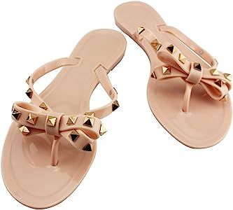 Women's Rivets Bowtie Flip Flops Jelly Thong Sandal Summer Beach Rain Shoes | Amazon (US)