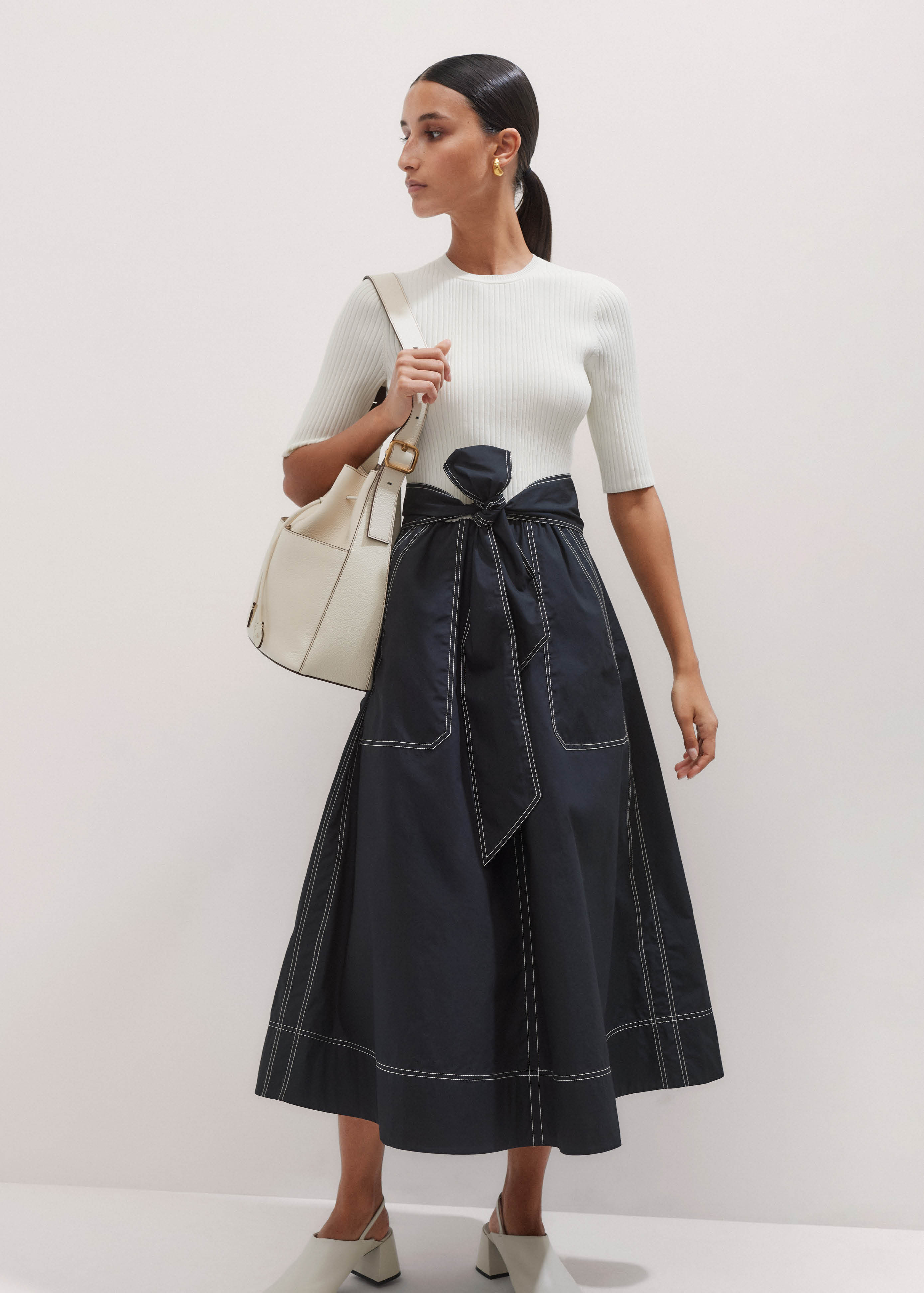 Women's Navy Cotton Colour Block Midi Dress + Belt | ME+EM | ME+EM US