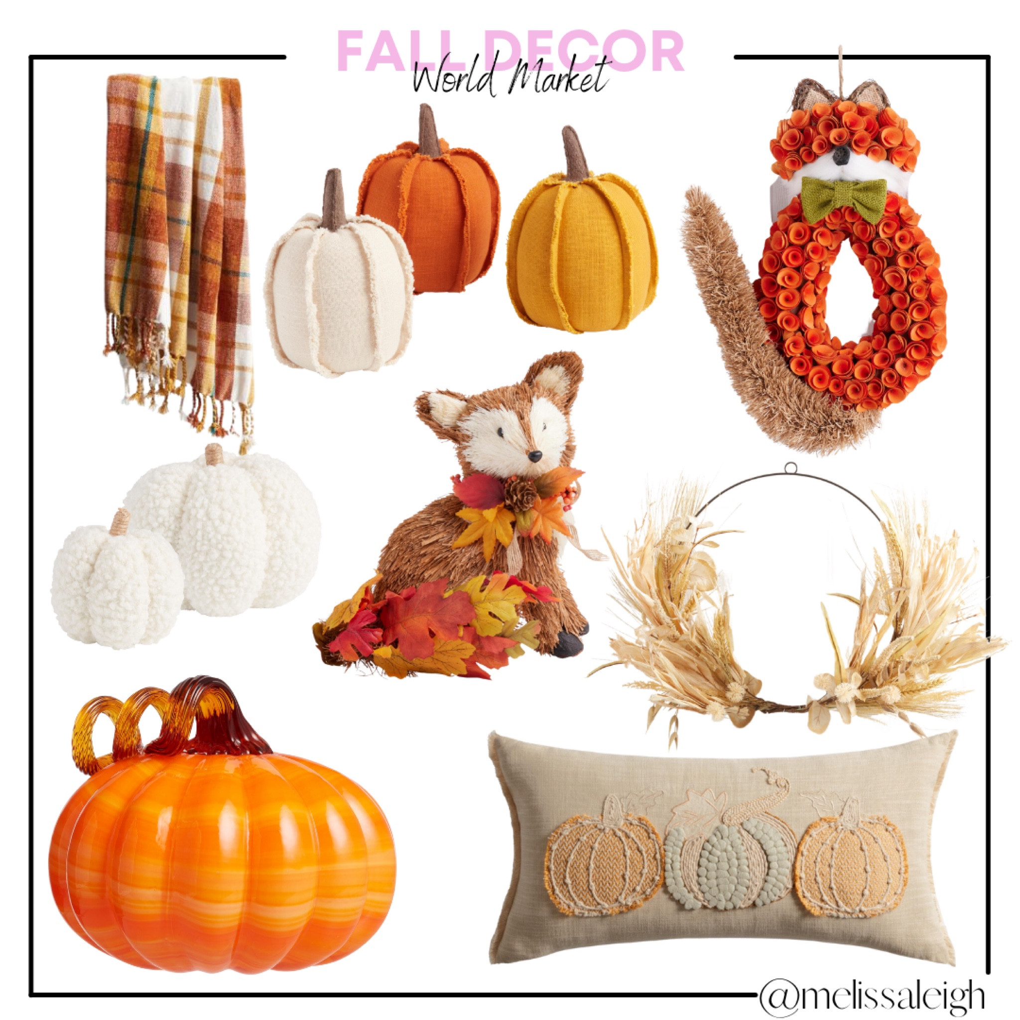 Fall decor - world market home decor - throw blanket, Sherpa pumpkins, cloth pumpkin, Fox front door wreath, straw fox, metal front door wreath, glass pumpkin, lumbar throw pillow 

#LTKunder50 #LTKSeasonal #LTKhome