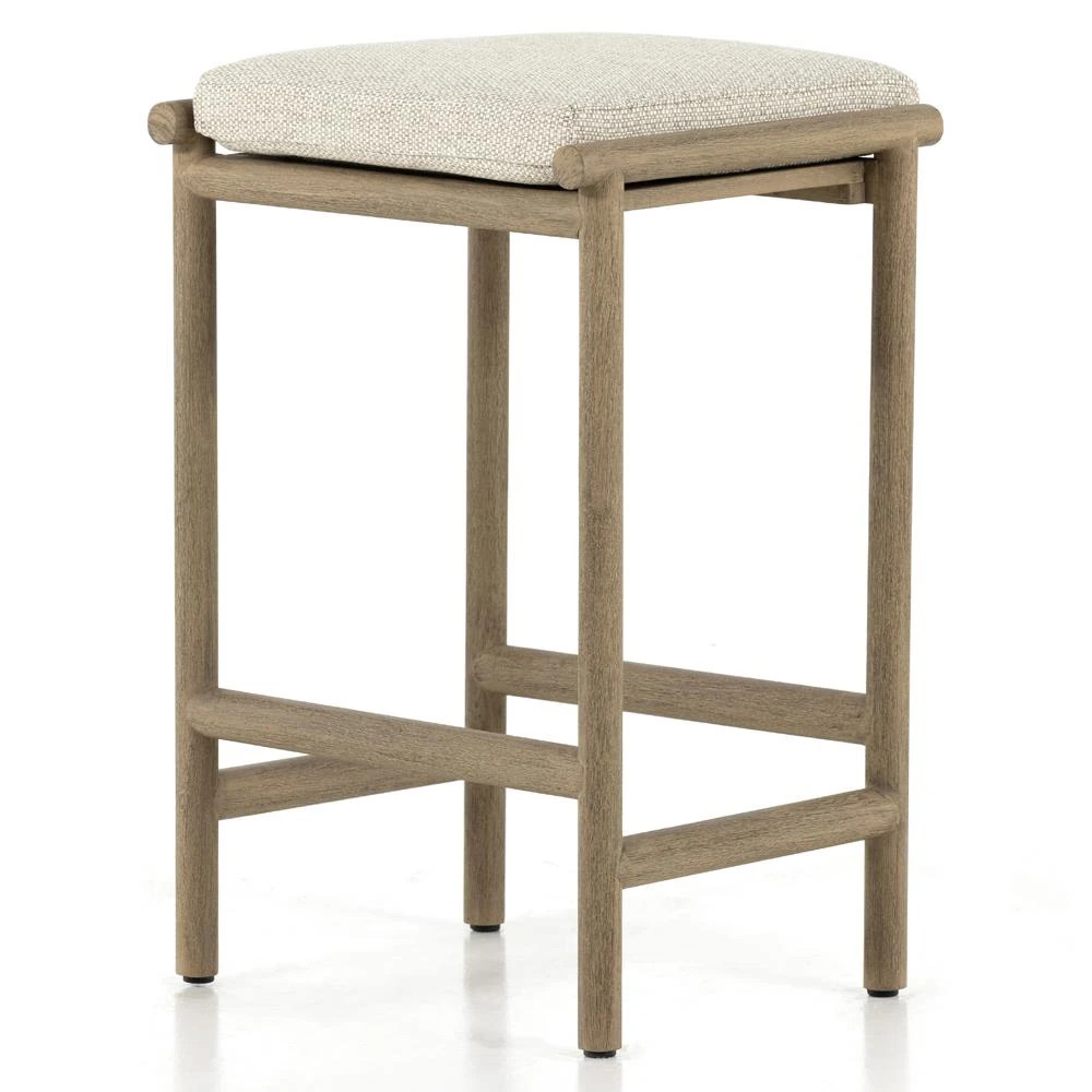 Karimm Coastal Beach Beige Upholstered Natural Teak Wood Frame Outdoor Counter Stool | Kathy Kuo Home