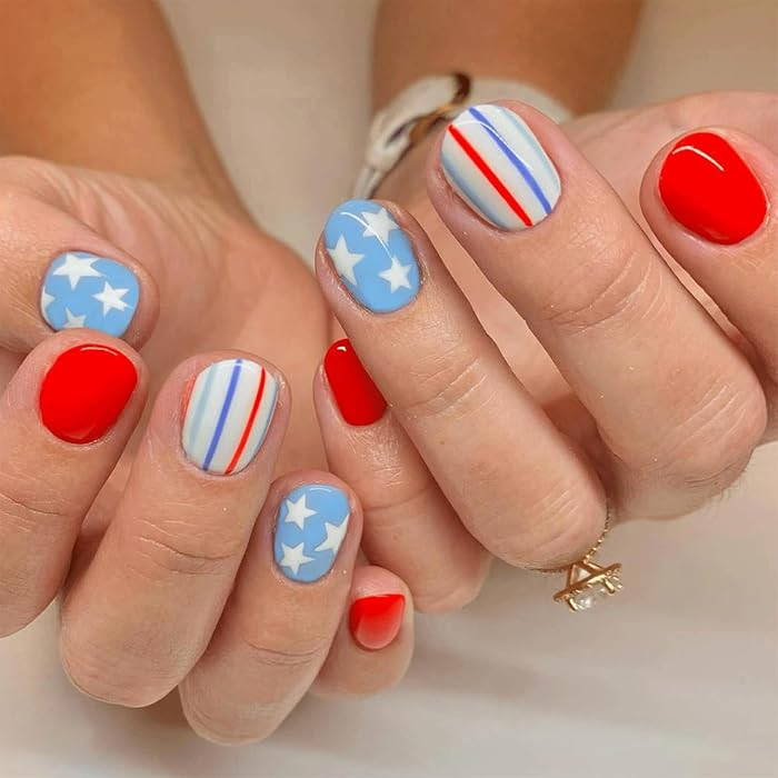 4th Of July Press On Nails Short Oval Fake Nails Independence Day Nails Press Ons Red Blue White ... | Amazon (US)