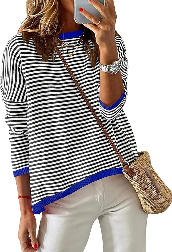 ZESICA Womens 2024 Fall Striped Sweaters Long Sleeve Crew Neck Shirts Color Block Lightweight Pul... | Amazon (US)