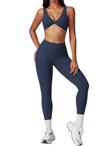 ABOCIW Workout Sets for Women Twist Front Cross Back Sports Bra Tummy Control High Waist Leggings 2 Piece Gym Yoga Outfits Navy Blue X-Large | Amazon (US)