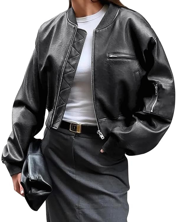 Cicy Bell Womens Faux Leather Bomber Jackets Baseball Collar Zip Up Cropped Biker Coat with Pocke... | Amazon (US)