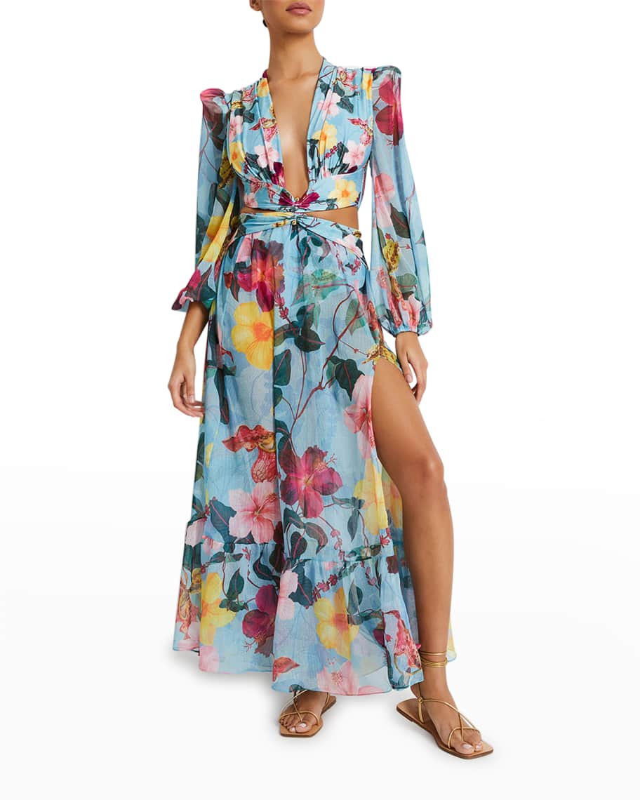 PatBO Hibiscus Cutout Chiffon Maxi Dress | Neiman Marcus