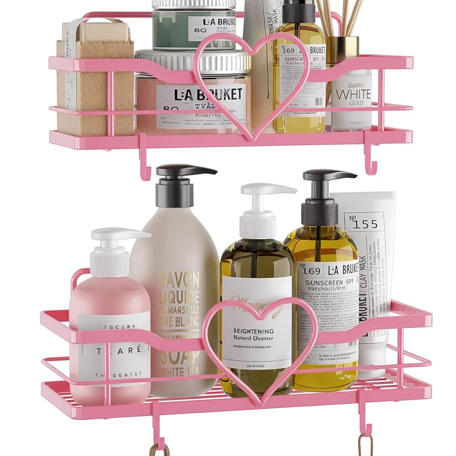 Pink Shower Caddy with 4 Removable Hooks, 2 Pack Sweet Heart Shower Shelves,No Drilling Adhesive ... | Amazon (US)