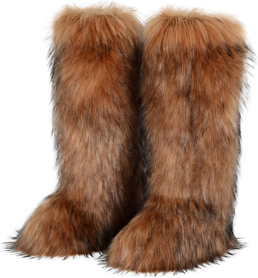 QTVQTV Womens Faux Fur Boot Round head suede Winter Fluffy Long Furry Boots for Girls Outdoor Fuz... | Amazon (US)