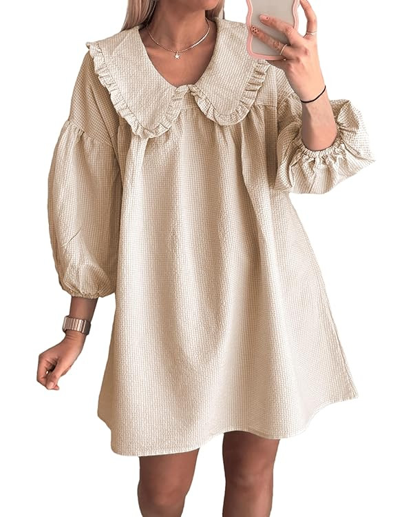 2025 Women's Babydoll 3/4 Puff Sleeve Plaid Mini Dress Lapel Doll Collar Loose Y2k Dress | Amazon (US)