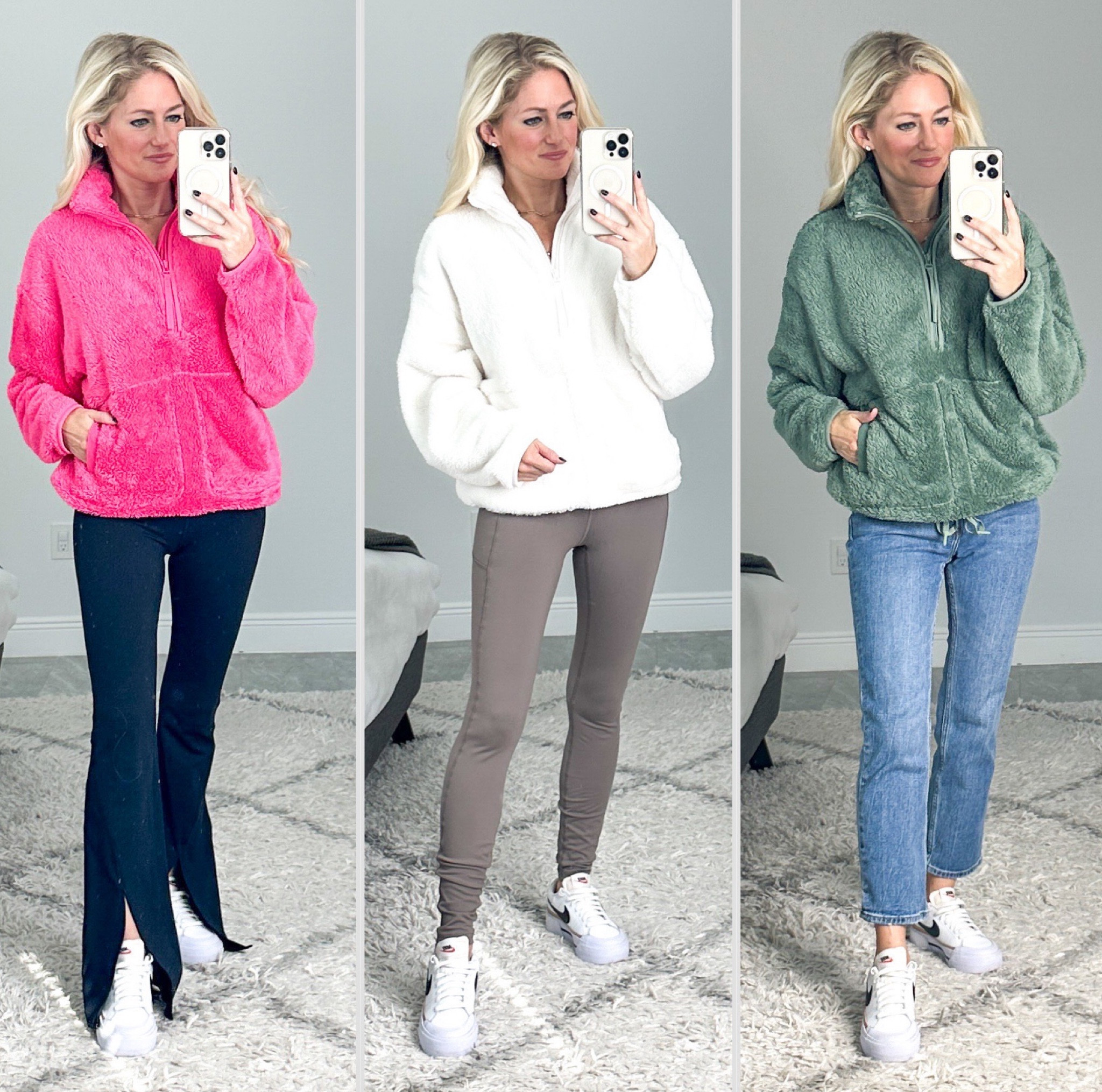 Cozy soft fleece sweatshirts. Wearing XS, also comes in black and red. Tie at waist, big front pocket and 1/4 zip detail. 

#LTKstyletip #LTKfindsunder50