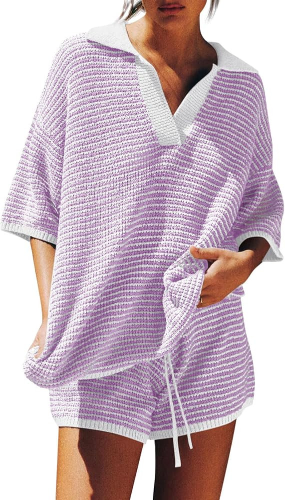 Tankaneo Womens Sweater Set 2 Piece Outfits Oversized 3/4 Sleeve V Neck Knit Tops High Waisted Sh... | Amazon (US)