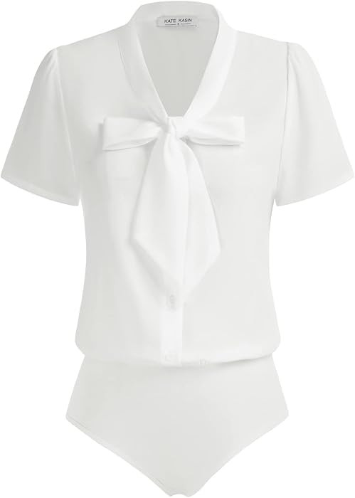 Kate Kasin Women Bow Tie Neck Blouse, Button Down Short Sleeve Bodysuits Top | Amazon (US)