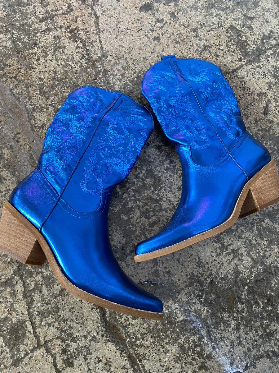 Mareyn Metallic Cowgirl Boots- Blue | Willow Boutique
