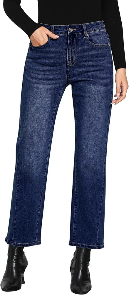 GRAPENT Straight Leg Jeans for Women High Waisted Trendy Ankle Length Forward Seams Stretchy Deni... | Amazon (US)