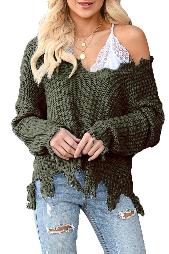 WFTBDREAM Womens Sweaters V Neck Long Sleeve Loose Fit Solid Colour Tops | Amazon (US)