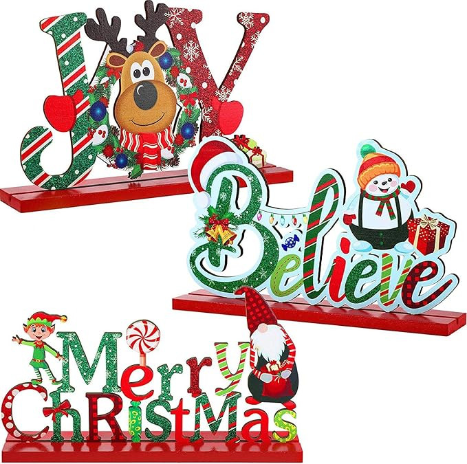 Blulu 3 Christmas Table Centerpiece Decoration Merry Christmas Tabletop Wooden Sign Snowman Sign ... | Amazon (US)