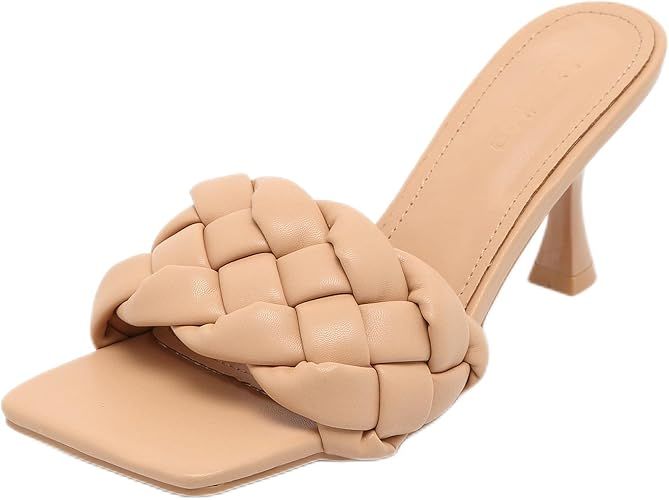 Women’s Braided Heeled Sandals Square Open Toe Woven Mule Stiletto High Heel Slip On Quilted Le... | Amazon (US)