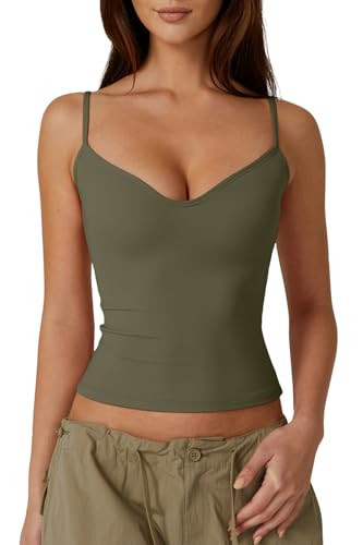 QINSEN Womens Trendy Top Sexy Deep V Neck Sleeveless Flattering Crop Tank Army Green XL | Amazon (US)