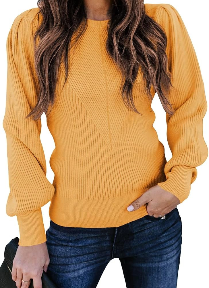 Dokotoo Womens Ribbed Knit Long Lantern Sleeves Sweater Crewneck Casual Slim Fit Pullover Jumper ... | Amazon (US)
