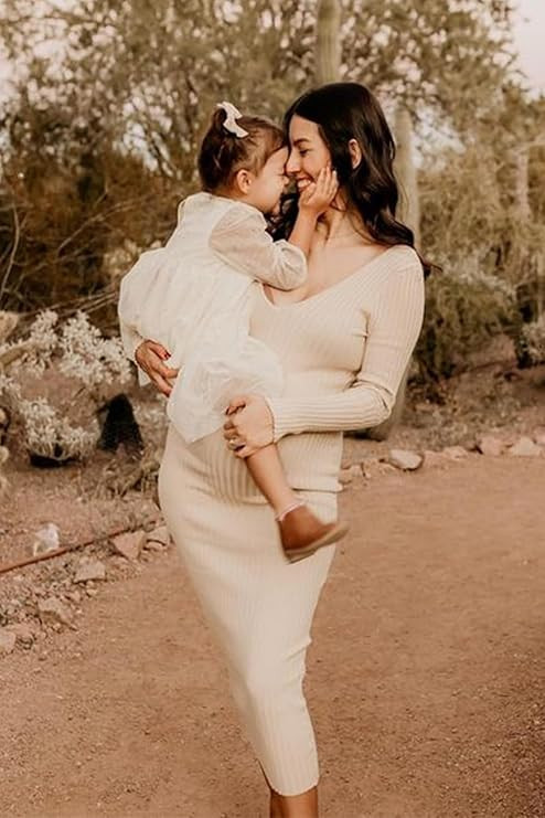 Maternity Dress Long Sleeve V Neck Knit Stretchable Sweater Dresses Pregnancy Clothes for Photosh... | Amazon (US)