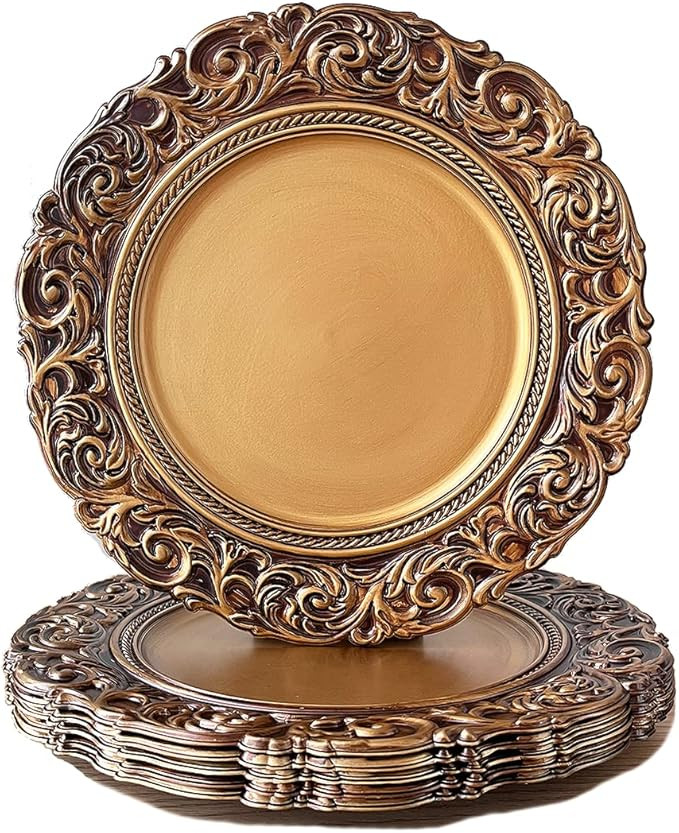 Antique Gold Charger Plates, 13 Inch Dinner Plate Chargers Round Server Ware. Set of 6 Plastic Em... | Amazon (US)