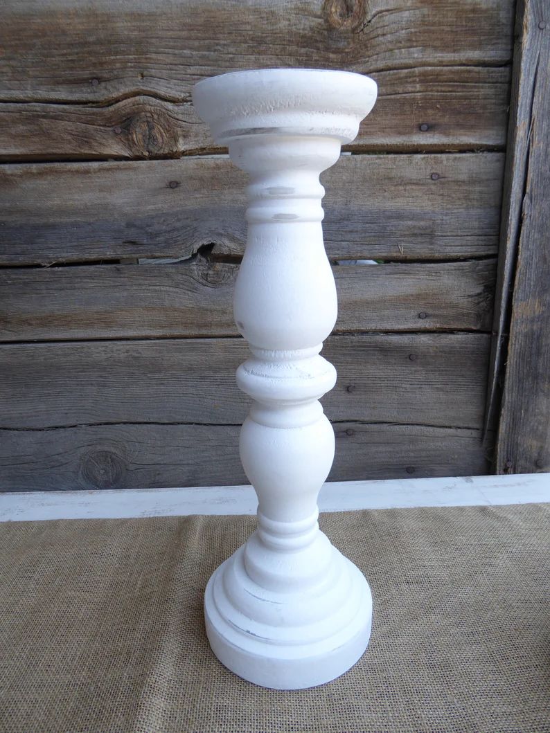 Distressed True White Wood Pillar Candle Holder Stick | Etsy | Etsy (US)