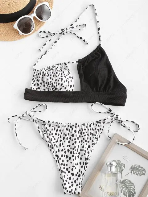 ZAFUL Dalmatian Print One Shoulder Ribbed Tanga Bikini Swimwear - Black S | ZAFUL (Global)