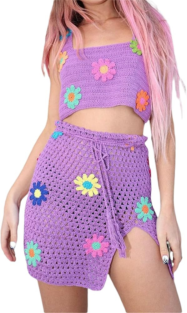 Women Boho Sleeveless Floral Knitwear Dress Outfits Squre Neck Top+Crochet Drawstring Skirt Sets Sum | Amazon (US)