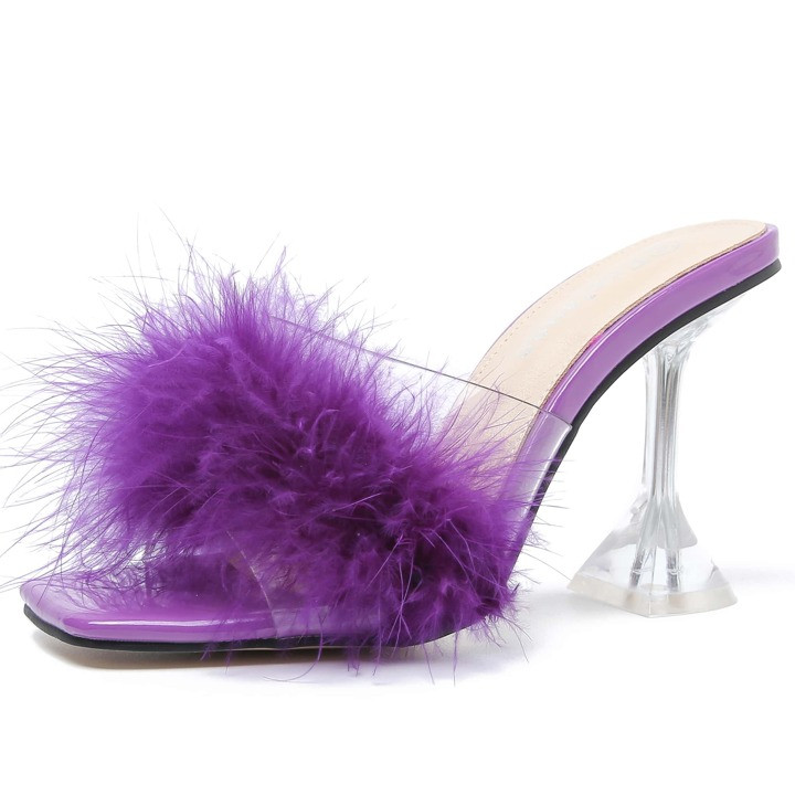 Fereshte Women's Square Toe Sandal Fluffy Feather Clear High Heels Sandals Mules Backless Slip on... | SHEIN